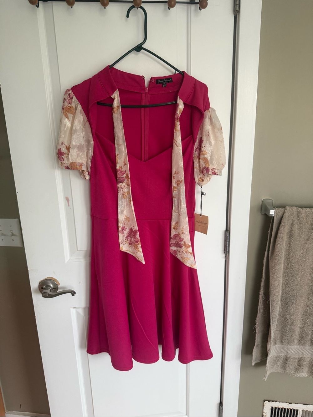 Hot Pink Mini Dress with Floral Cream Puff Sleeves